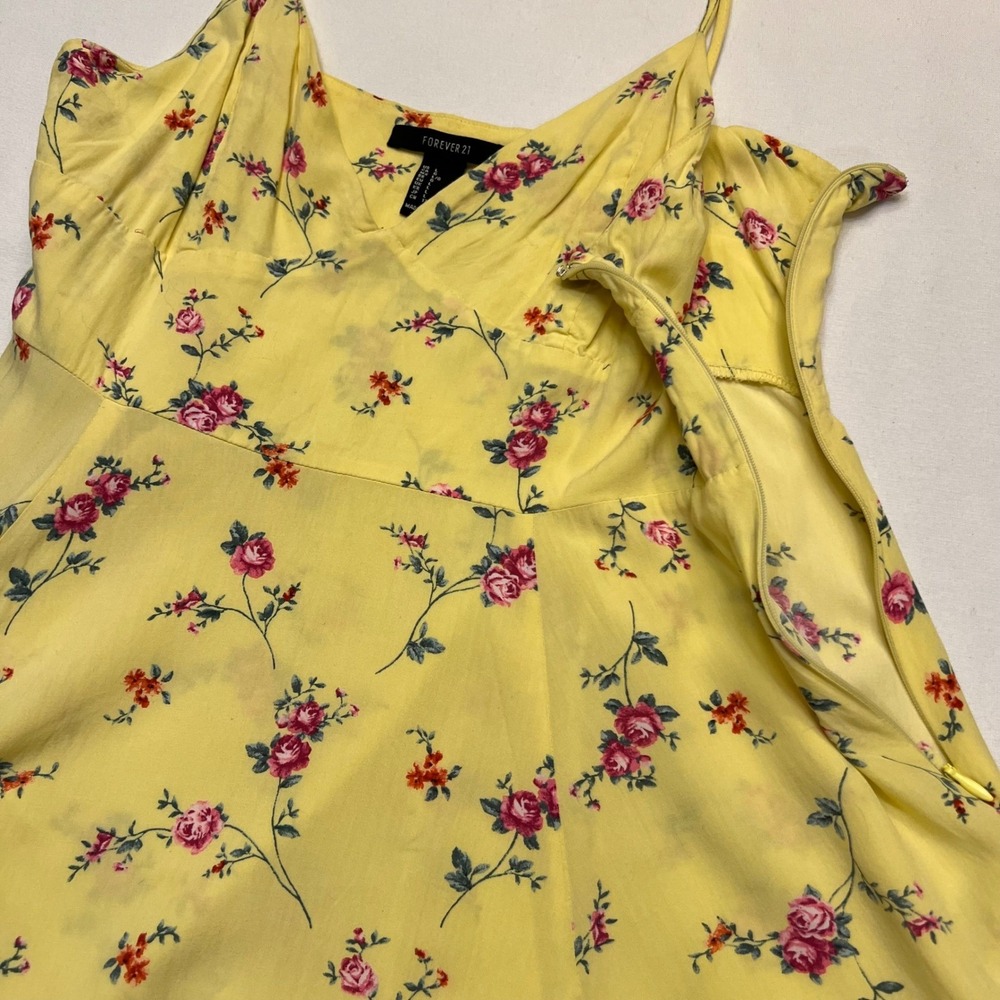 Forever 21 Butter Yellow Rose Y2K Floral Spaghetti Strap Mini Dress Juniors L - Picture 7 of 8